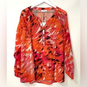 NWT Calvin Klein Long Sleeve Blouse 1/4 Button Orange/Pink Plus Size 1X